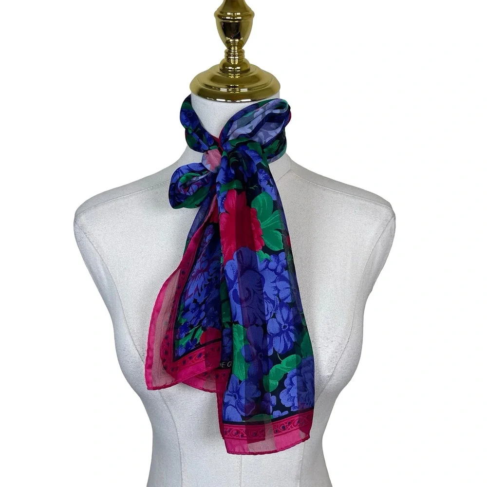 Vintage Elaine Gold Silk Scarf Floral Womens Blue Pink Green Sheer Striped Retro